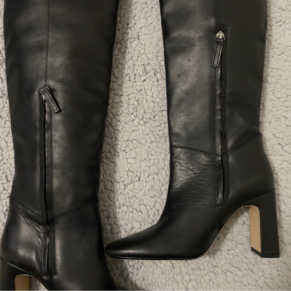 ZARA BLACK LEATHER OVER THE KNEE BOOTS ZIP & BLOCK HEEL Size US-7 / EU 37 - Picture 9 of 16
